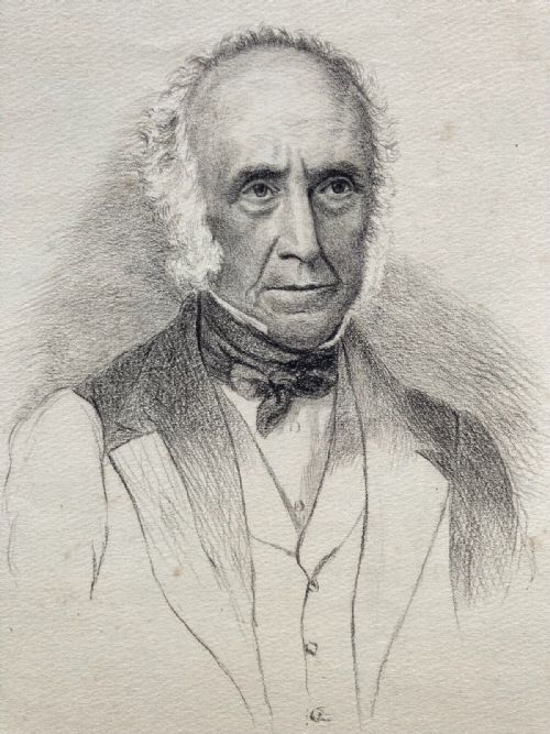 fig 1. A pair of 19th-century portrait works on paper depicting a gentleman in formal Victorian attire, featuring a graphite pencil sketch beside a printed engraving.