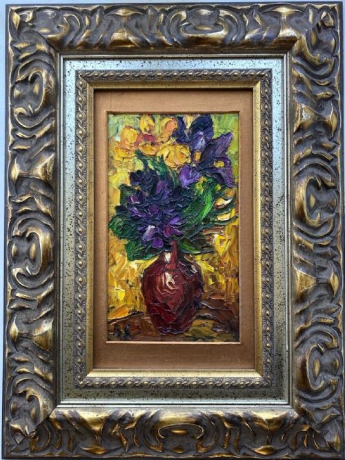 Vintage 1960'S Mid 20th Century Impasto Oil Painting on Board Still Life Study of Purple & Yellow Flowers