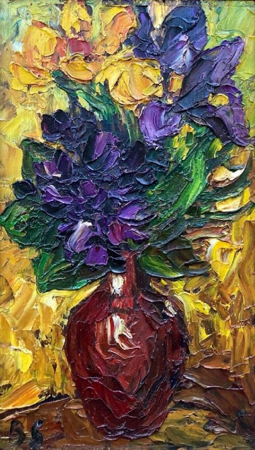 fig 1. Vintage 1960's Mid 20th Century Impasto Oil Painting on Board Still Life Study of Purple & Yellow Flowers