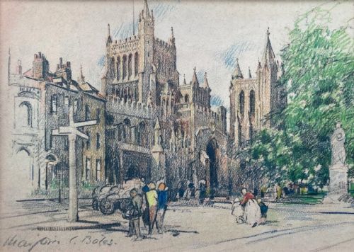 Marjorie Christine Bates Signed Original Early 20th Century Vintage Pastel Drawing Study the Cathedral Bristol, English Landscape