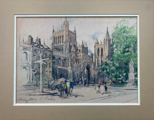fig 1. Marjorie Christine Bates Signed Original early 20th Century Vintage Pastel Drawing Study The Cathedral Bristol, English Landscape