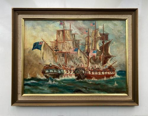 R Grundy Signed Original Mid 20th Century Vintage Oil Painting on Board USA & British Flags Warship Battleship Naval Seascape