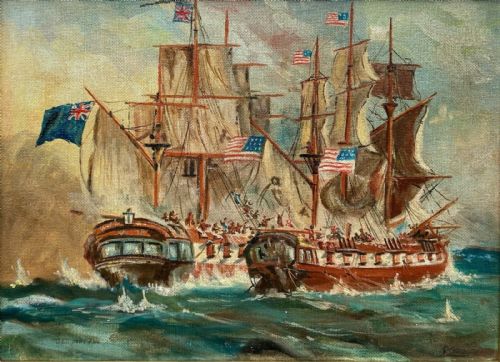 fig 1. A framed mid-20th century oil painting depicting historic sailing warships battling on choppy blue seas under overcast skies.