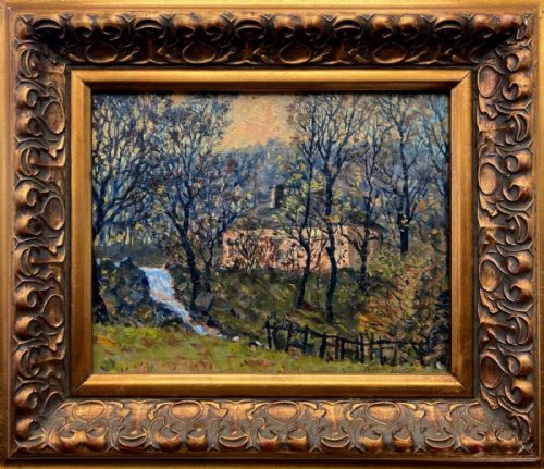 Fred Cecil Jones Signed Original Early 20th Century Antique Oil Painting on Wood Panel Woodland Cottage in Winter