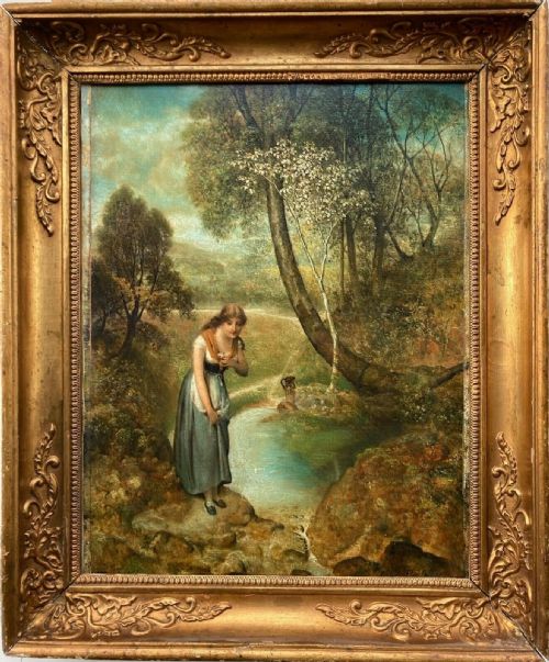 Victor Boutellier Signed Original 19th Century Antique Oil Painting on Canvas Portrait of a Young Woman by a Stream