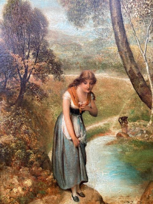 fig 1. Victor Boutellier Signed Original 19th Century Antique Oil Painting on Canvas Portrait of a Young Woman by a Stream