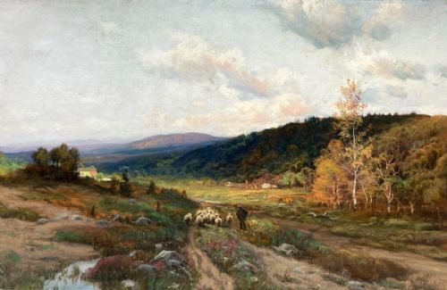 Paul Koehler (1866-1909) Signed Original Antique Pastel Drawing Painting Low Sun Farmer & Sheep Landscape