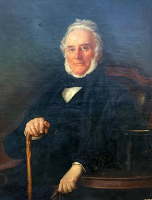 Large Original 19th Century English School Antique Oil Painting on Canvas Portrait of a Seated Victorian Gentleman with a Walking Cane