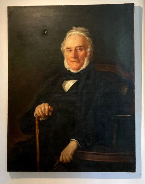 fig 1. Large Original 19th Century English School Antique Oil Painting on Canvas Portrait of a Seated Victorian Gentleman with a Walking Cane