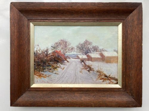 A Sutton (18)94 Signed Original 19th Century Antique British School Oil Painting on Canvas Farm Buildings in Snow English Landscape