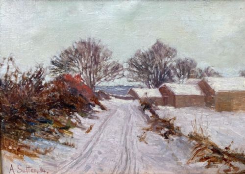 fig 1. A Sutton (18)94 Signed Original 19th Century Antique British School Oil Painting on Canvas Farm Buildings in Snow English Landscape
