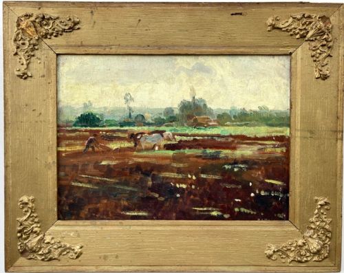 B J Dawson Signed Original Early 20th Century Oil Painting on Wood Panel Ploughing 'Near Chelmsford Essex' English Landscape