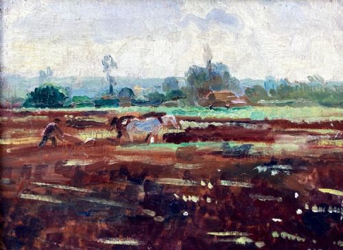 fig 1. B J Dawson Signed Original early 20th Century Oil Painting on Wood Panel Ploughing 'Near Chelmsford Essex' English Landscape