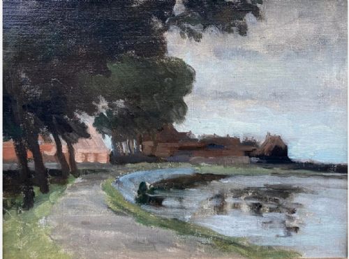 fig 1. Original Early 20th Century Impressionist Oil Painting on Canvas Board Dutch Style River Landscape