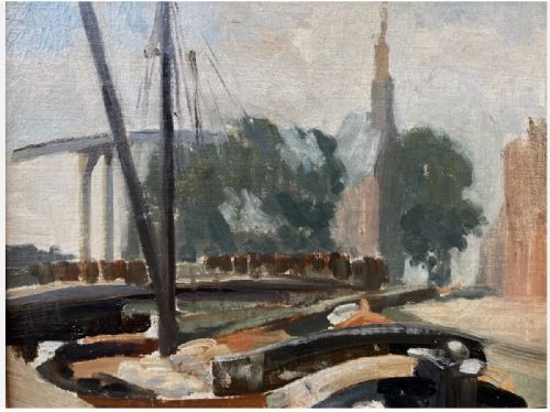 fig 1. Original Early 20th Century Impressionist Style Oil Painting on Board Dutch Canal Landscape