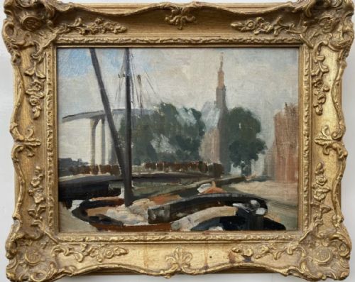 Original Early 20th Century Impressionist Style Oil Painting on Board Dutch Canal Landscape