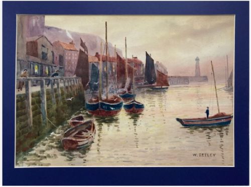 W Tetley Signed Original 19th Century Antique Watercolour Painting Whitby Harbour Fishing Boat Landscape
