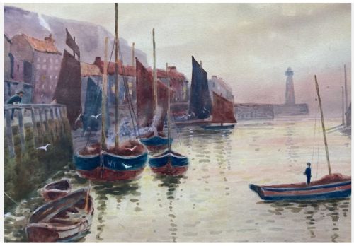 fig 1. W Tetley Signed Original 19th Century Antique Watercolour Painting Whitby Harbour Fishing Boat Landscape