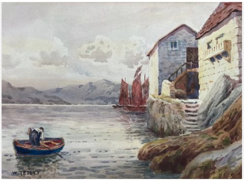fig 1. W Tetley Signed Original Late 19th Century Antique Watercolour Painting Fowey Harbour South Cornwall Fishing Landscape