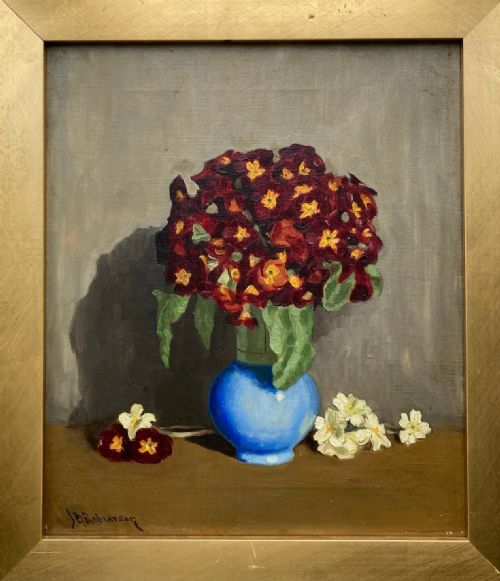 fig 1. John Burns Robertson (Scottish) Signed circa 1930's Original Vintage Oil Painting on Canvas Still Life Study of Auricula Flowers in a Blue Vase