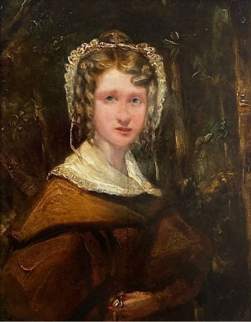 Original 19th Century Antique English School Oil Painting on Wood Panel Portrait of a Young Victorian Lady Carrying a Posy
