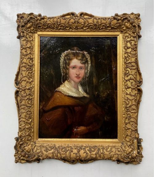 fig 1. Original 19th Century Antique English School Oil Painting on Wood Panel Portrait of a Young Victorian Lady Carrying a Posy