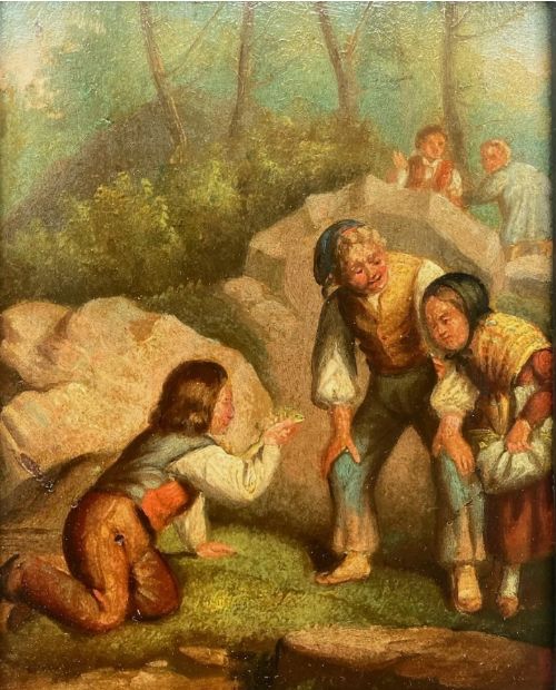 fig 1. Early 19th Century Antique Original Dutch School Oil Painting on Tin Panel The Lizard Catcher