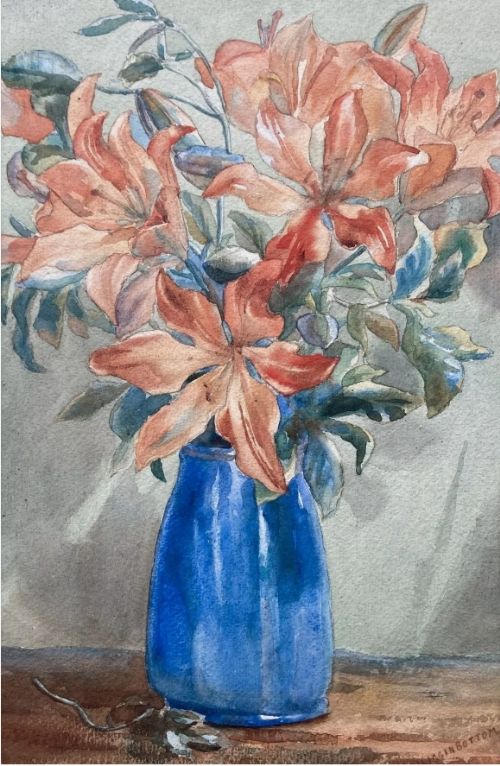 Olive Higginbottom Signed Original early 20th Century Watercolour Still Life Painting Orange Lilies in a Blue Vase Flower Painting no 31
