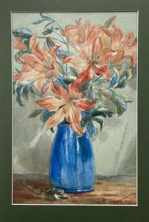 fig 1. Olive Higginbottom Signed Original early 20th Century Watercolour Still Life Painting Orange Lilies in a Blue Vase Flower Painting no 31