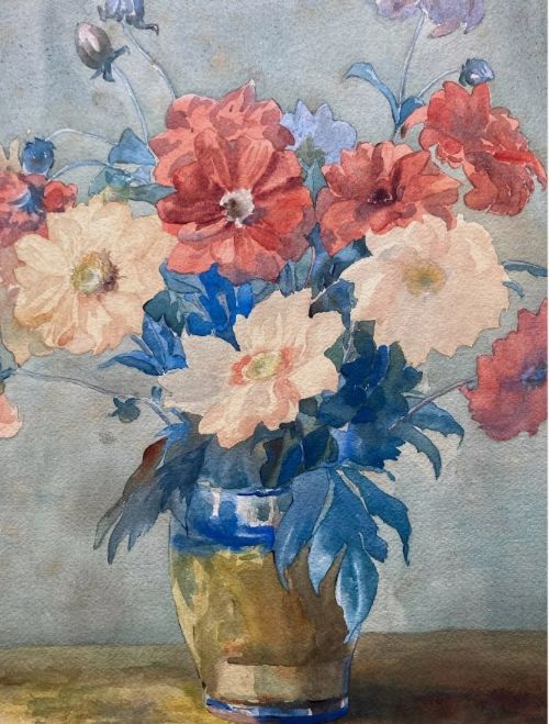Olive Higginbottom Signed Original Early 20th Century Antique Watercolour Painting Still Life of Red & Yellow Dahlia Flowers no 32