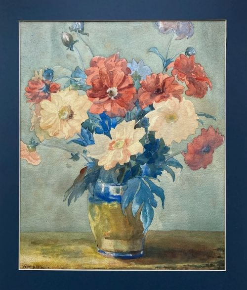 fig 1. Olive Higginbottom Signed Original Early 20th Century Antique Watercolour Painting Still Life of Red & Yellow Dahlia Flowers no 32