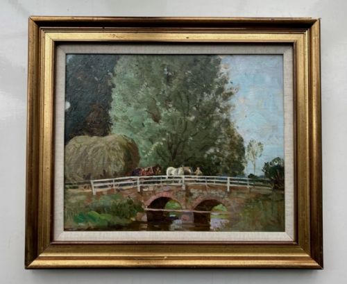 fig 1. Original mid 20th Century English Impressionist School Oil Painting on Wood Panel Horses & Haycart being led over a Stone Bridge