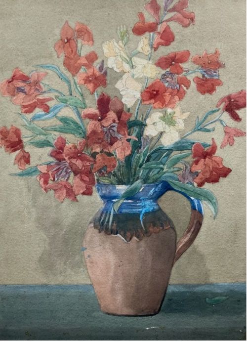 Olive Higginbottom Original Antique Watercolour Painting Still Life Study of Red & Cream Flowers in a Brown Jug No 33