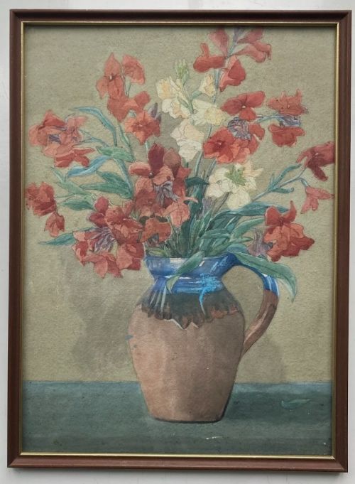 fig 1. Olive Higginbottom Original Antique Watercolour Painting Still Life Study of Red & Cream Flowers in a Brown Jug No 33