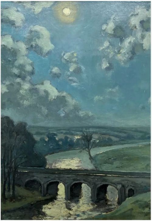 Hurst Balmford Original Early 20th Century Oil Painting on Board Grassington Bridge by Moonlight Yorkshire Landscape