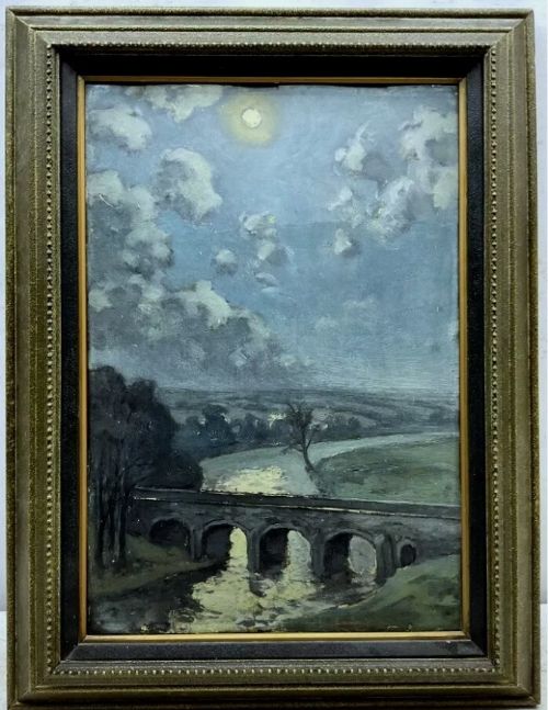 fig 1. Hurst Balmford Original Early 20th Century Oil Painting on Board Grassington Bridge by Moonlight Yorkshire Landscape