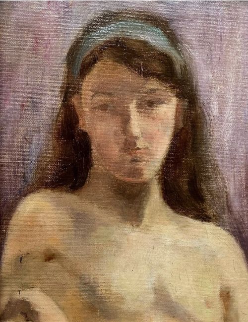 fig 1. Original early 20th Century British School Oil Painting Portrait Sketch of a Young Girl with Blue Headband
