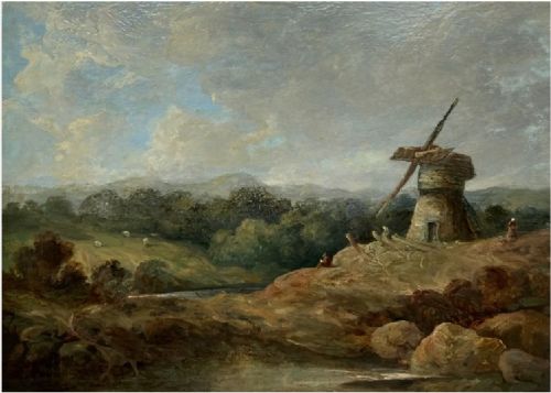 Norwich School Original 19th Century Antique Oil Painting on Wood Panel Windmill & Figures English Landscape