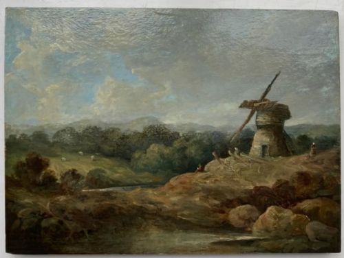 fig 1. Norwich School Original 19th Century Antique Oil Painting on Wood Panel Windmill & Figures English Landscape