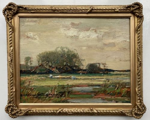 Kershaw Schofield Signed Original Antique Oil Painting on Wood Panel Farmland with Sheep English Landscape