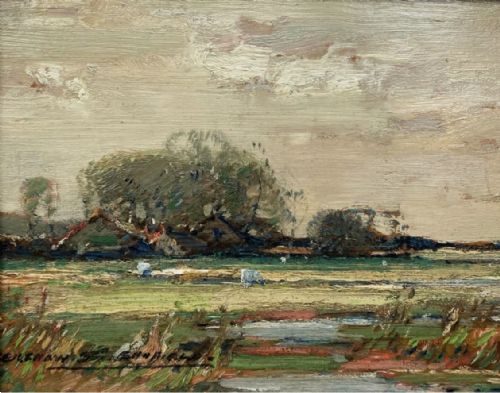 fig 1. Kershaw Schofield Signed Original Antique Oil Painting on Wood Panel Farmland with Sheep English Landscape