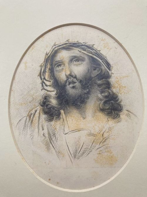 Original 19th Century Antique Pencil Drawing Sketch Study, Jesus with a Crown of Thorns