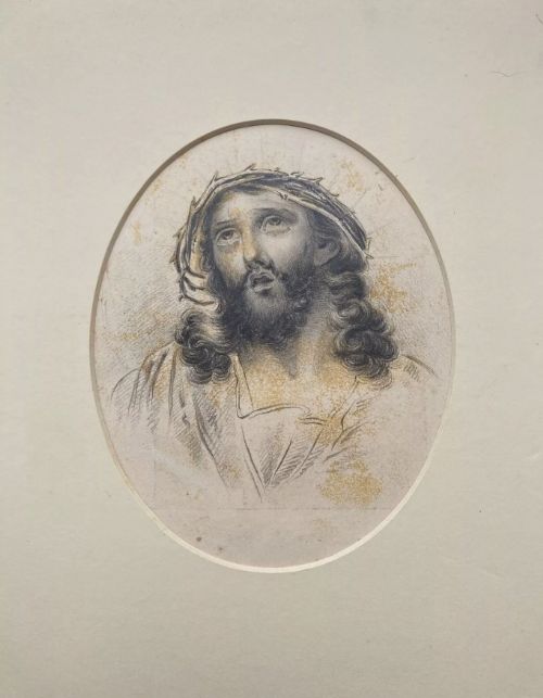 fig 1. Original 19th Century Antique Pencil Drawing Sketch Study, Jesus with a Crown of Thorns