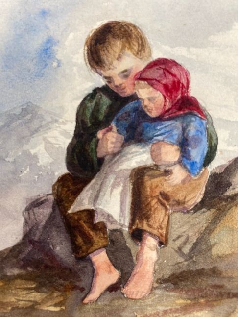 ELIZABETH HOWARD Original 19th Century Antique Watercolour Painting Children Sitting on a Rock, Sketch Study from Artists Sketchbook