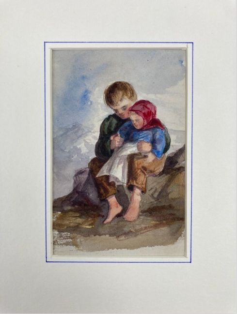 fig 1. ELIZABETH HOWARD Original 19th Century Antique Watercolour Painting Children Sitting on a Rock, Sketch Study from Artists Sketchbook