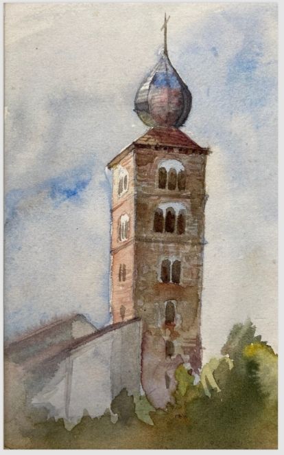 HENRIETTA ELIZABETH HOWARD Original 19th Century Antique Watercolour Painting Austria Tower Landscape Mounted from Artists Sketchbook