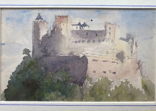 fig 1. HENRIETTA ELIZABETH HOWARD Original 19th Century Antique Painting Fortress Hohensalzburg Austria Mounted from Artists Sketchbook