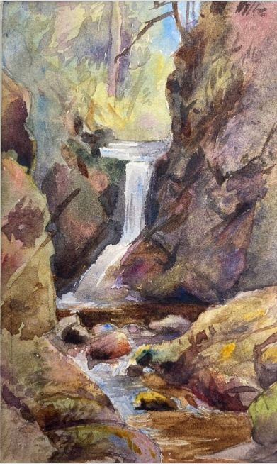 HENRIETTA ELIZABETH HOWARD Original 19th Century Antique Painting Geroldsau Waterfall Austria Mounted Sketch from Artists Sketchbook