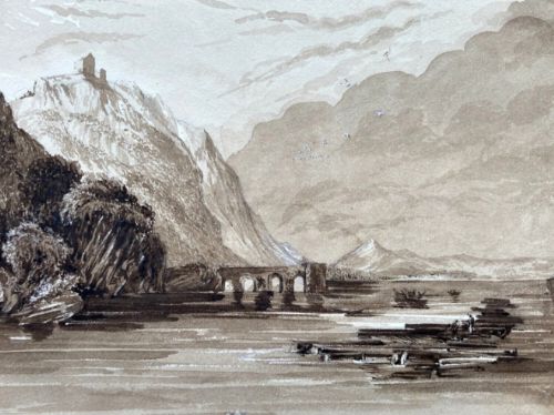 A 19th-century monochrome grisaille watercolour depicting a river landscape with a castle ruin on a cliff and timber rafts on the water.