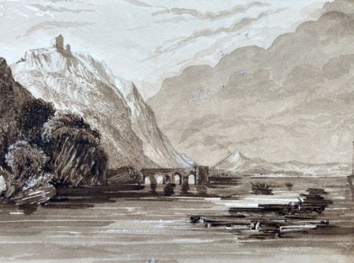 fig 1. A 19th-century monochrome grisaille watercolour depicting a river landscape with a castle ruin on a cliff and timber rafts on the water.